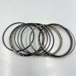 Vintage Mixed Metal Bangle Bracelet Lot Dark Tone Silver Gunmetal Textured Set
